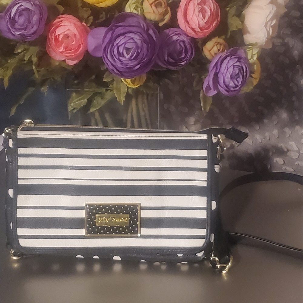 Betsy johnson small black and white/ white poka dot crossbody purse.